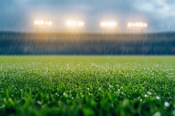 Rain-Kissed Stadium: Rain falls on the verdant field of a stadium, with the glow of stadium lights illuminating the scene, highlighting the lush, close-up details of the grass, under the moody.