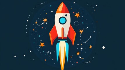 A colorful rocket ship flying up towards the starry night sky