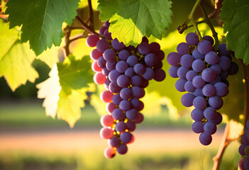 Fototapeta premium Vibrant green and purple grapes on the vine, basking in the warm glow of the late afternoon sun.