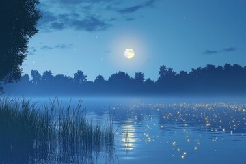 Fototapeta premium A serene nighttime landscape featuring a tranquil lake illuminated by fireflies, with a full moon casting a soft glow over the misty water and silhouettes of trees in the background