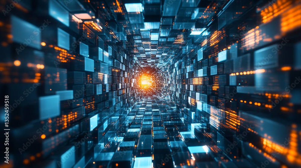 Poster 3d rendering digital tunnel with cube, technology blockchain, and big data network connection, techn