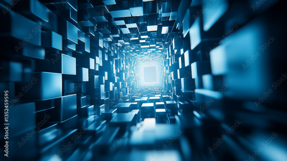 Poster 3d rendering digital tunnel with cube, technology blockchain, and big data network connection, techn