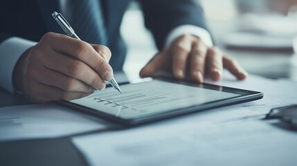 Businessperson Reviewing Documents on Tablet Using Pen Close up Shot