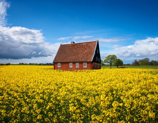 A traditional Danish red-brick farmhouse surrounded by yellow fields of blooming rapeseed under a bright sky