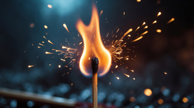 A single lit match burns brightly, illuminating the darkness with a vibrant orange flame and scattering sparks against a blurry background.