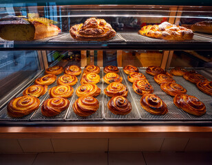 A Danish pastry display case filled with cinnamon buns, custard-filled pastries, and braided bread in a bakery