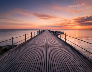 Obraz premium A beachside Danish pier with wooden planks extending into the calm, shimmering sea under an orange-pink sunset sky