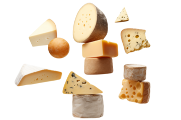 Levitation of different types of cheeses isolated on a transparent background.