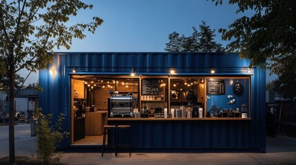 Cozy Outdoor Cafe Bar with Illuminated Containers and Furnishings in a Modern Urban City Setting Providing Dining Drinking and Leisure Experiences