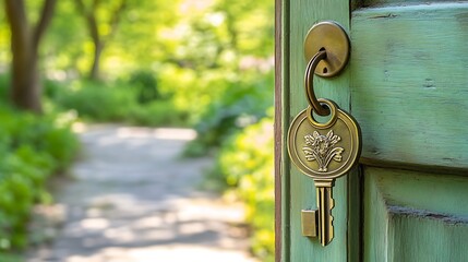Garden gate key, open door, green path, nature background, home security