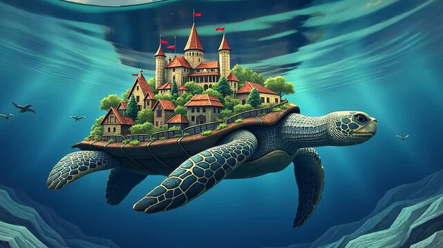  Fantasy illustration of a turtle carrying a floating island with a castle on its back