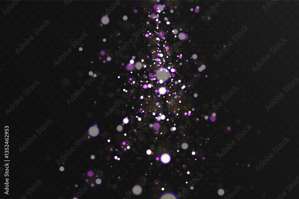 Poster abstract magical glowing bokeh lights on dark background with purple and gold sparkles, soft blurry 