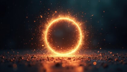 Obraz premium Glowing circular ring shattered particles dark background. Dynamic energy light effects create futuristic digital art design. Abstract visualization with bright sparks, orange shine.