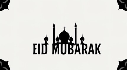 Eid mubarak text with mosque silhouette on a white background design