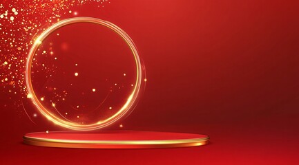 Product showcase on a red-themed exhibition booth with golden particles, perfect for business, commercial celebrations, product launches, and e-commerce events, with ample whitespace background to emp