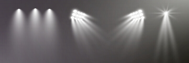 Realistic transparent spotlight effects set. Stage lighting, concert, show, stadium, theater illumination. Bright glow, beams, lens flare, shine, studio, photography light.  © NAUM