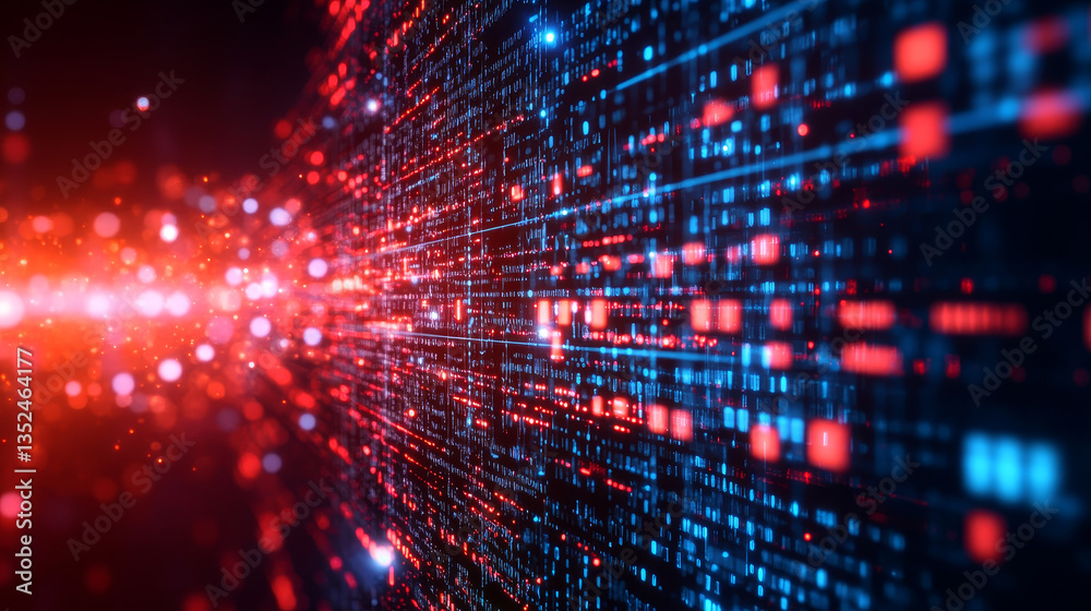 Poster digital cyberspace with particles and digital data network connections concept on red background