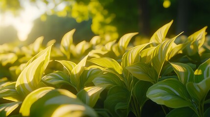 Obraz premium Lush Hosta Leaves in Spring with Soft Natural Light and Details