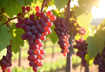 Fototapeta premium Close-up of vibrant red grapes on the vine, with soft sunlight filtering through the leaves in a vineyard.