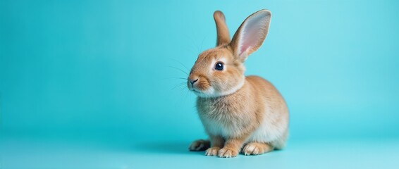 Fototapeta premium Gentle brown rabbit with big ears and soft fur sitting on a vivid light blue surface.
