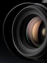 Close-up of a camera lens. the lens is black and has a circular shape with a thin metal ring around the center.