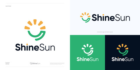Simple geometric half sun vector design template element for business and identity, Modern minimal sunburst logo icon design, Sun with playful smile, Symbol sun bright for solar energy and nature