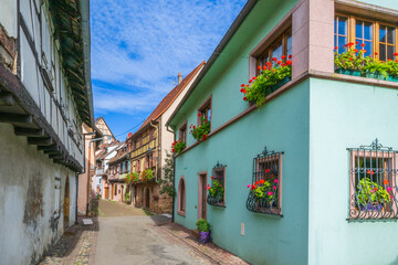 Eguisheim is a medieval village in France’s Alsace wine region, France