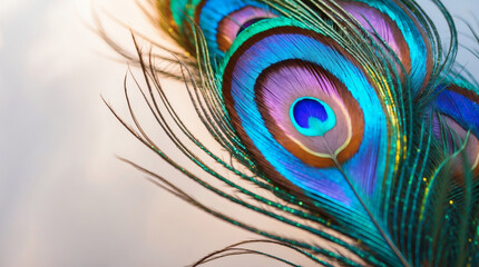 Obraz premium Striking peacock feather close-up: vibrant blues, purples, and iridescent greens create a mesmerizing display of natural beauty.
