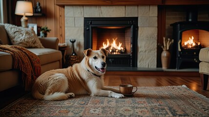 Cute dog lying in front of fireplace at home