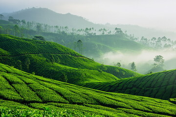 Scenic tea plantations in the misty hills of Sri Lanka. Lush green terraces and morning fog create a peaceful landscape. Great for nature, travel, and eco-tourism visuals.

