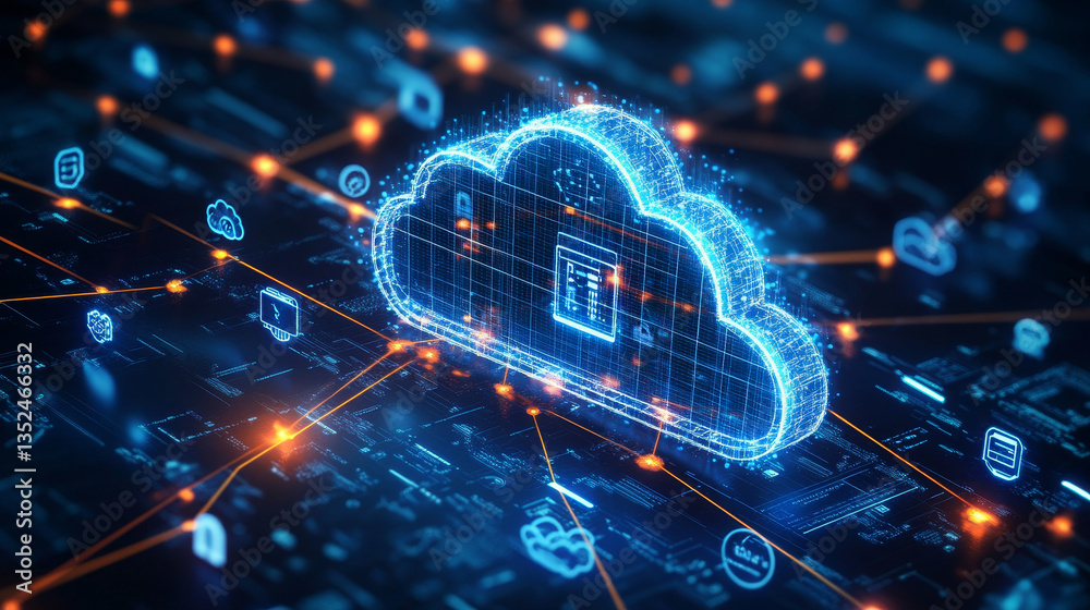 Poster cloud and edge computing technology concept. there is a prominent large cloud icon in the center wit