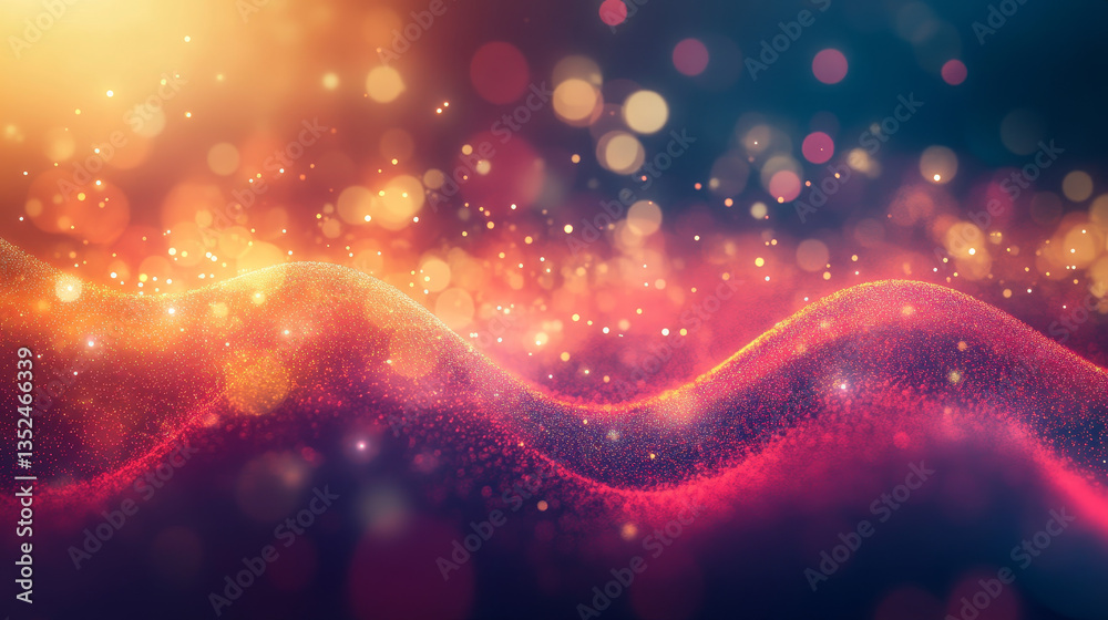 Poster abstract red color digital particles wave with bokeh and light background