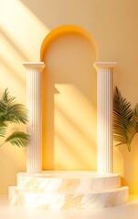 A podium inspired by ancient Greek architecture, with marble columns and soft golden lighting