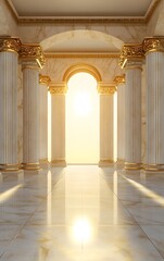 A podium inspired by ancient Greek architecture, with marble columns and soft golden lighting