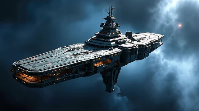  Massive futuristic space battleship floating in the dark cosmos with a distant red star and clouds