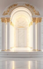 A podium inspired by ancient Greek architecture, with marble columns and soft golden lighting