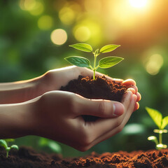 Hands holding a small growing plant with care