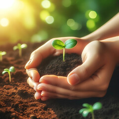 Hands holding a small growing plant with care