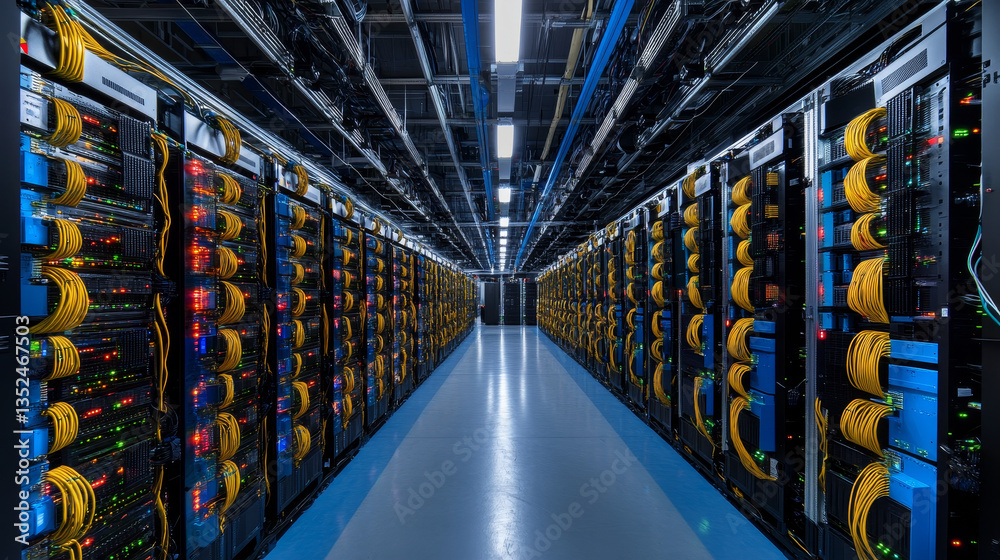 Poster data center isometric concept. computing big data in datacenter. big server rack connected at hardwa