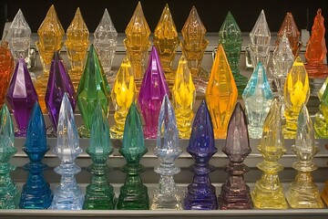 Multiple colorful glass objects arranged in a display case