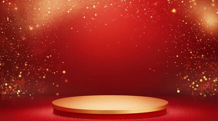 Product showcase on a red-themed exhibition booth with golden particles, perfect for business, commercial celebrations, product launches, and e-commerce events, with ample whitespace background to emp
