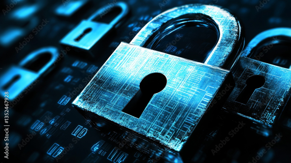 Poster cybersecurity information protection technology concept there is a large padlock in the middle. smal