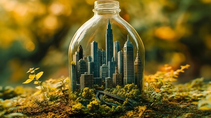 Miniature City Trapped in a Plastic Bottle – Symbol of Pollution, Urbanization, and Environmental Impact. Generative AI.
