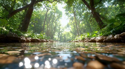 Fototapeta premium Lush Forest Stream Sunlight Through Trees Reflecting on Water Surface