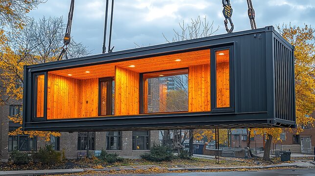 Shipping container home installation, city autumn background