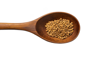 Wooden spoon filled with brown fenugreek seeds on a white surface in a close up detailed shot