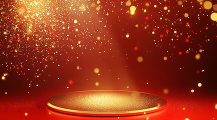 Product showcase on a red-themed exhibition booth with golden particles, perfect for business, commercial celebrations, product launches, and e-commerce events, with ample whitespace background to emp