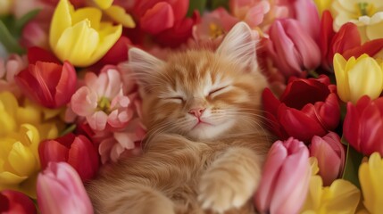 A fluffy orange kitten lays contently in a vibrant tulip bouquet, surrounded by shades of red, yellow, and pink, capturing the beauty of spring.