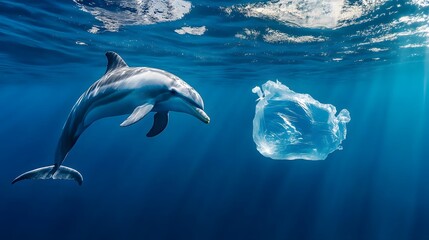 Naklejka premium Dolphin Encountering Plastic Pollution in Ocean Underwater Wildlife Conservation Image