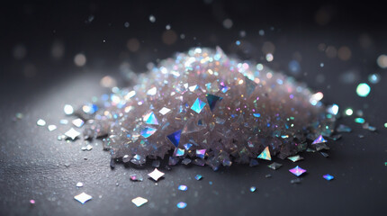 Sparkling Crystals: A mesmerizing pile of iridescent crystals catches the light, creating a dazzling effect on a dark, neutral surface.